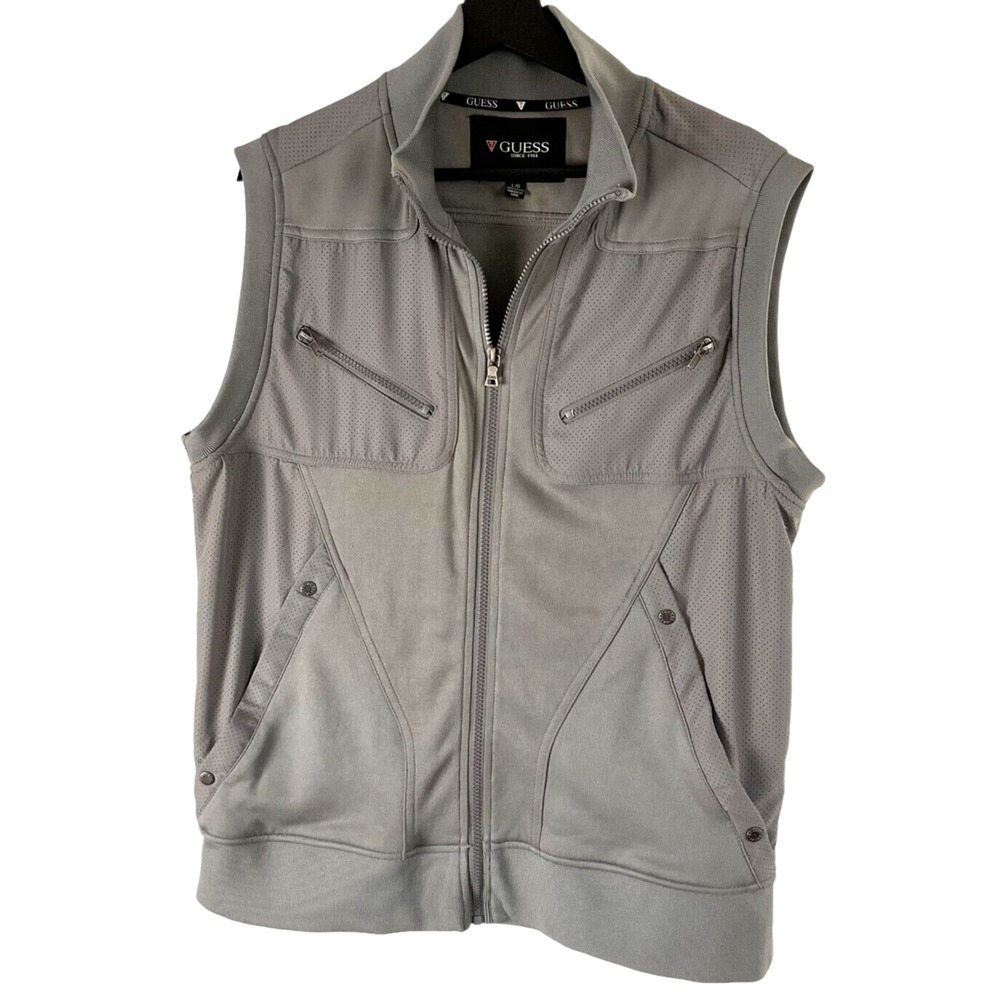Guess Mens L Grey Full Zip Mock Neck Perforated Panel Athletic Track Vest